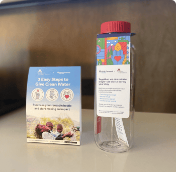 Fill it Forward hotel package, information card and water bottle