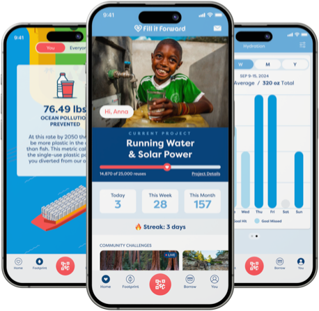 Three phone screens showing the Fill it Forward app.