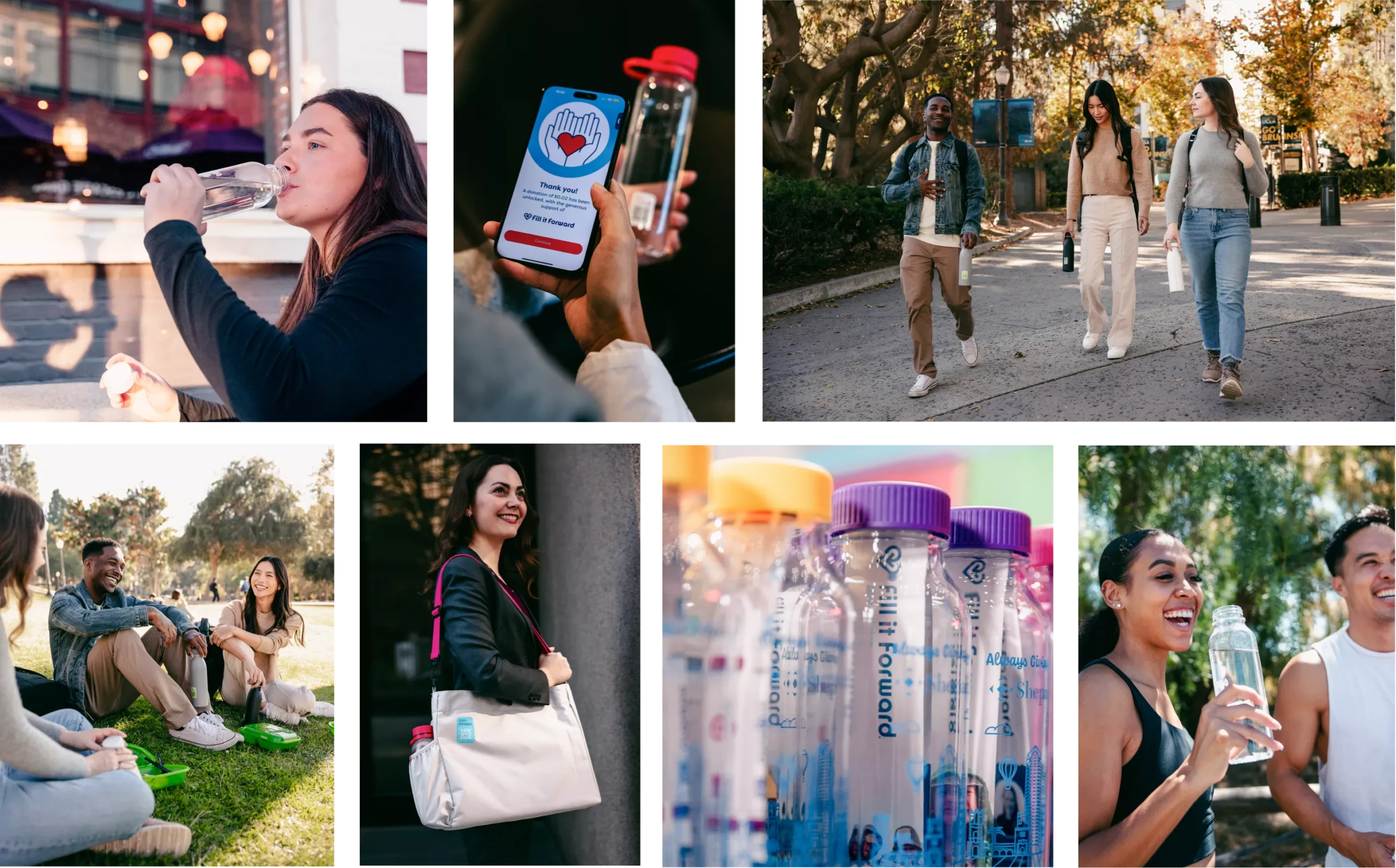 Collage of images of fill it forward products at schools