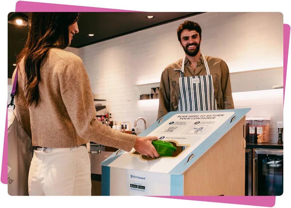 photo of women returning used container into a box in a restaurant
