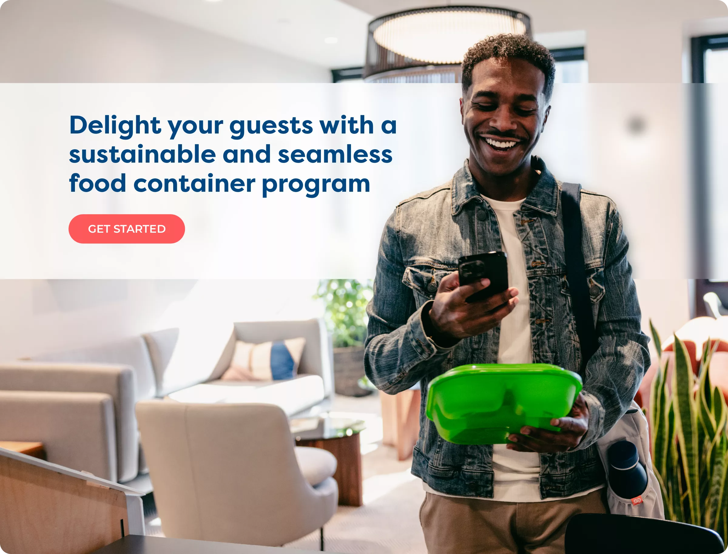 student scanning container with their phone with text box saying delight your guests with a sustainable and seamless container program