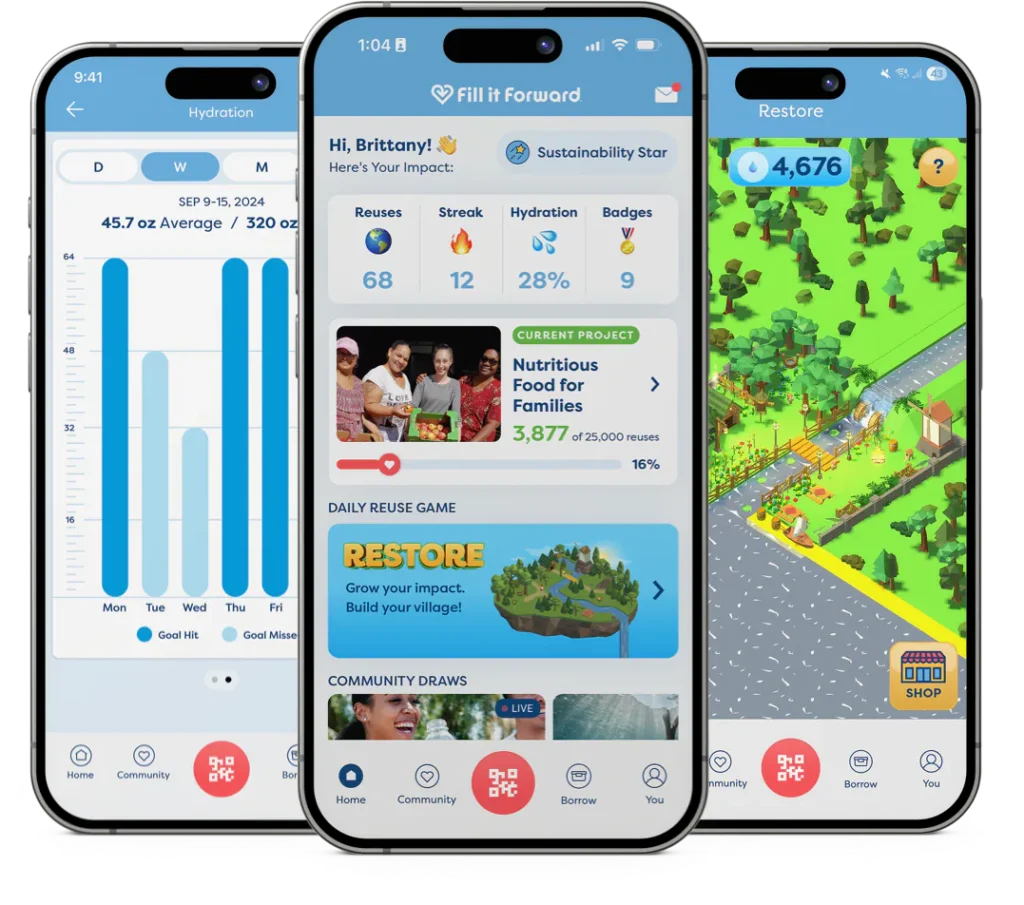 3 phone screens of the fill it forward app