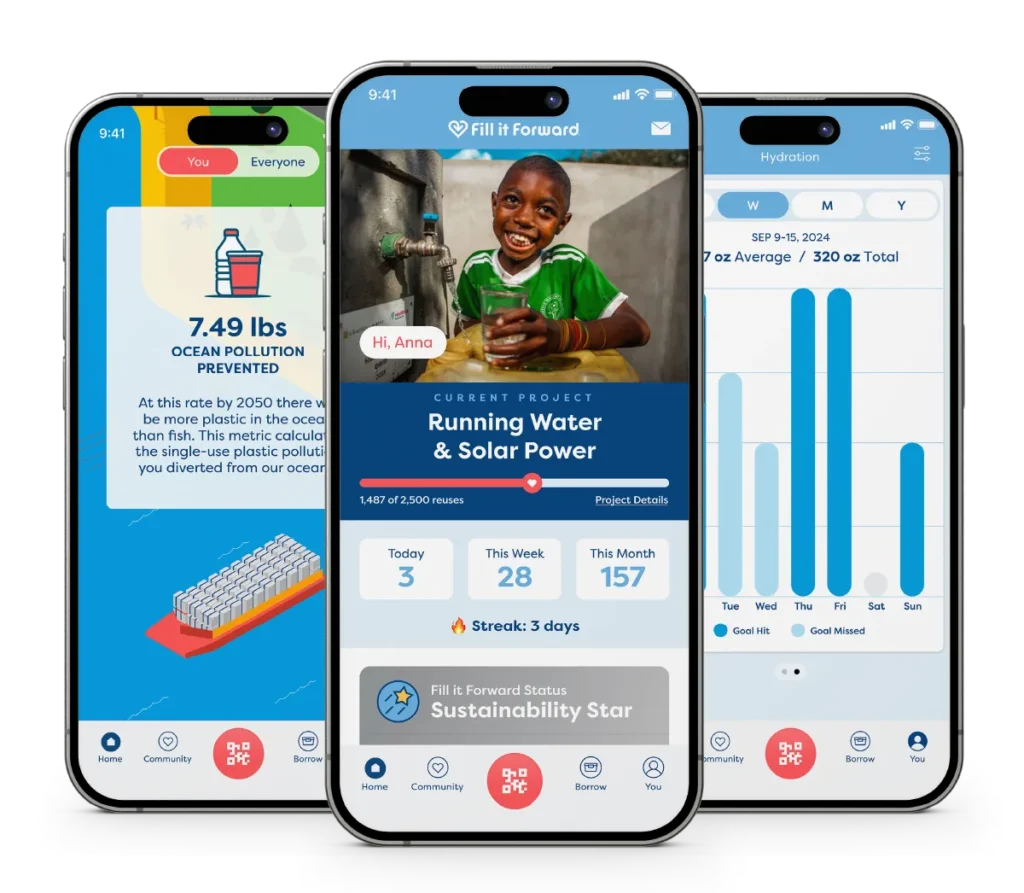 3 phone screens of the fill it forward app