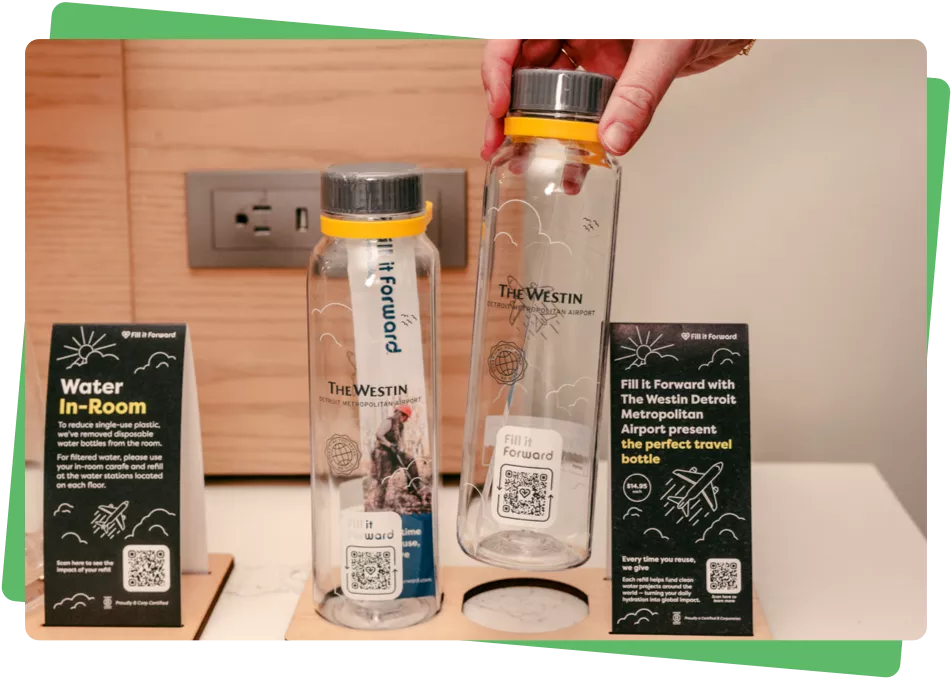 Westin branded cupanion bottles being displayed in hotel rooms