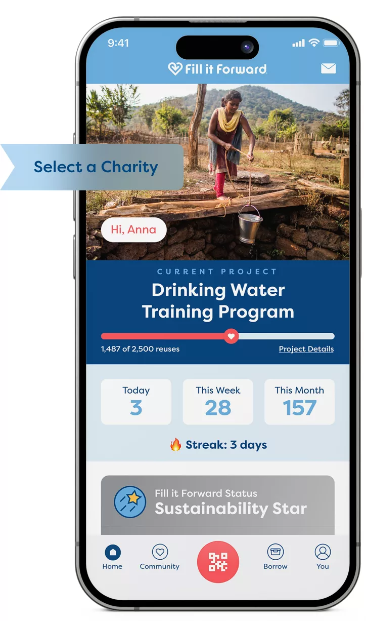 Phone screen of Fill it Forward app homepage